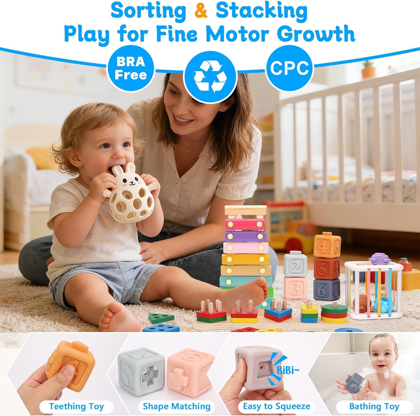 Baby Toys for 6-18 Months, 5-in-1 Montessori Educational Toy Set with Soft Teething Toy Stacking Blocks Rings Sensory Bin, Sorting Sensory Educational Learning Gift for Toddlers Aged 1-3