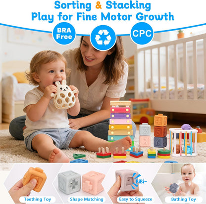 Baby Toys for 6-18 Months, 5-in-1 Montessori Educational Toy Set with Soft Teething Toy Stacking Blocks Rings Sensory Bin, Sorting Sensory Educational Learning Gift for Toddlers Aged 1-3