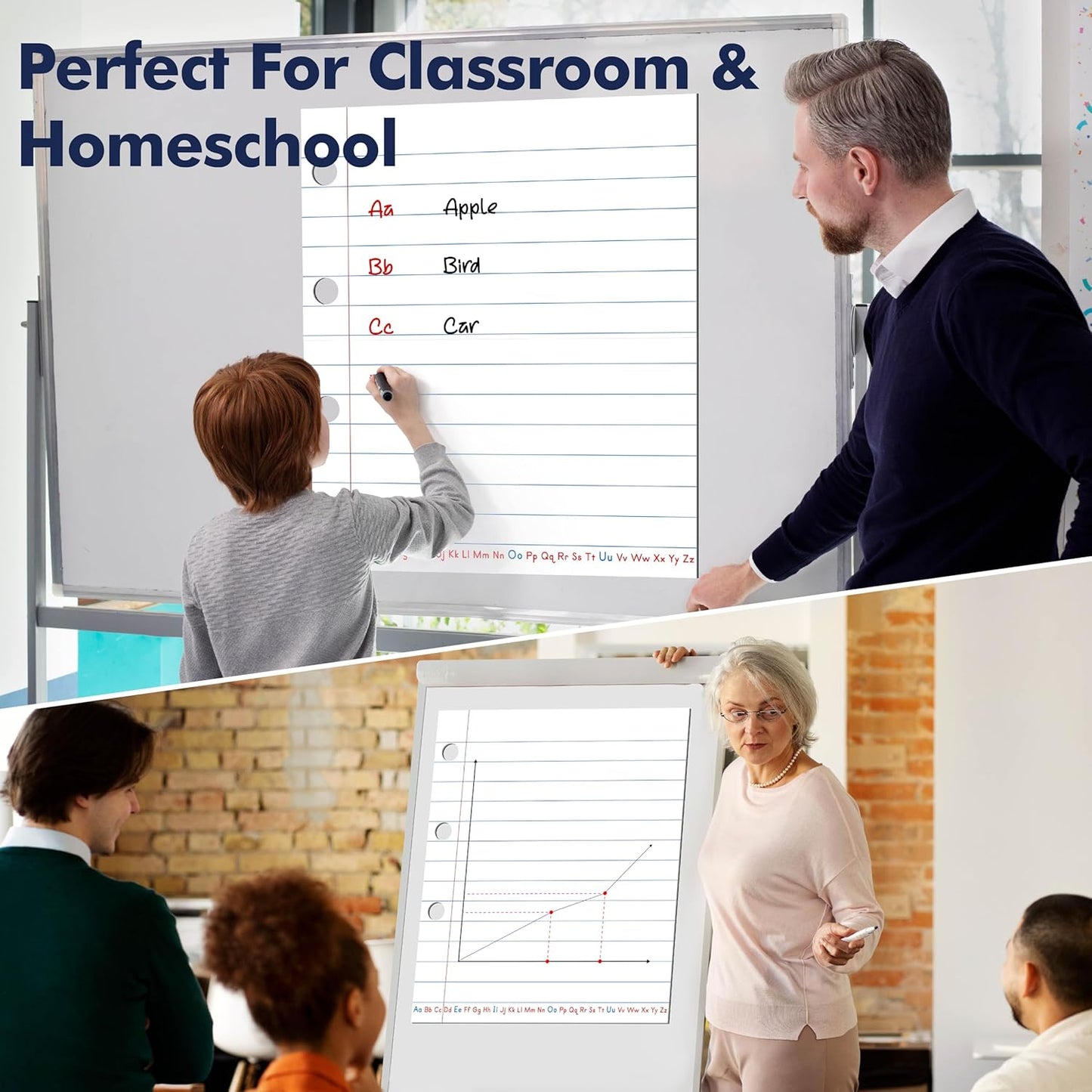 Magnetic Notebook Paper, Erasable & Writable Handwriting Lined Paper Dry Erase Writing Strip Learning Tool for Classroom School, Whiteboard, Blackboard, Office Supplies (17” x 20”)