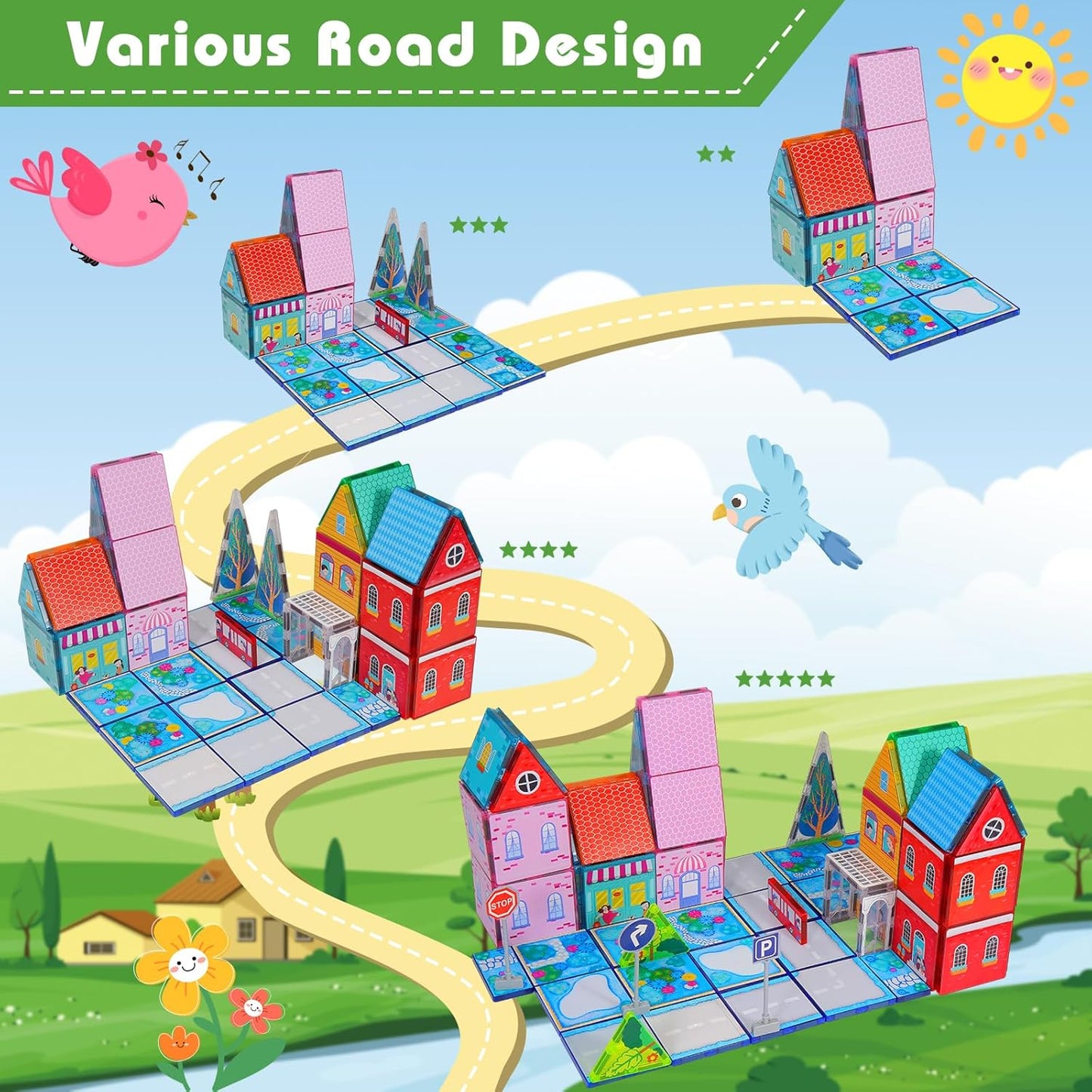 Magnetic Tiles for Kids, Fairytale Town Road Set, Magnetic Blocks Magnet Building Toys for 3-5 4-8 Years Old Boys Girls, Expansion Themed Magnet Educational STEM Creativity Toys 3+ Toddlers Xmas Gifts