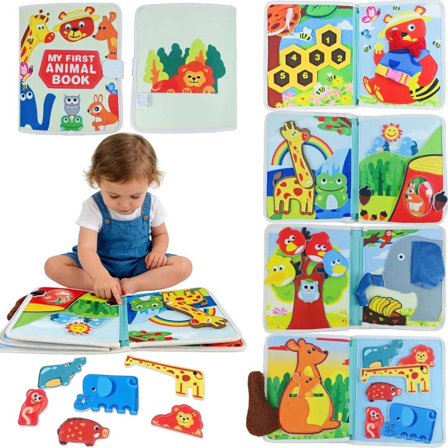 Montessori Forest Animals Busy Book, Airplane Travel Felt Quiet Busy Board for Toddler 1-3, Preschool Kids Learning Activities Sensory Toy to Develop Fine Motor Skills, Boys Girls Birthday Gift (#A)