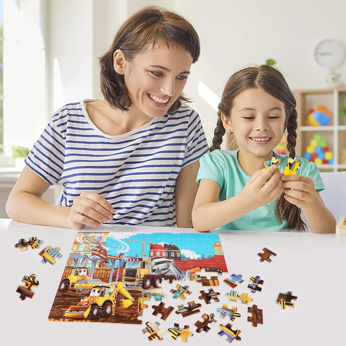 LELEMON 100 Pieces Jigsaw Puzzles in a Metal Box for Kids Age for 4-8 Boys Girls Toy Puzzles Construction Site Vehicles Children Learning Educational Puzzles Toys
