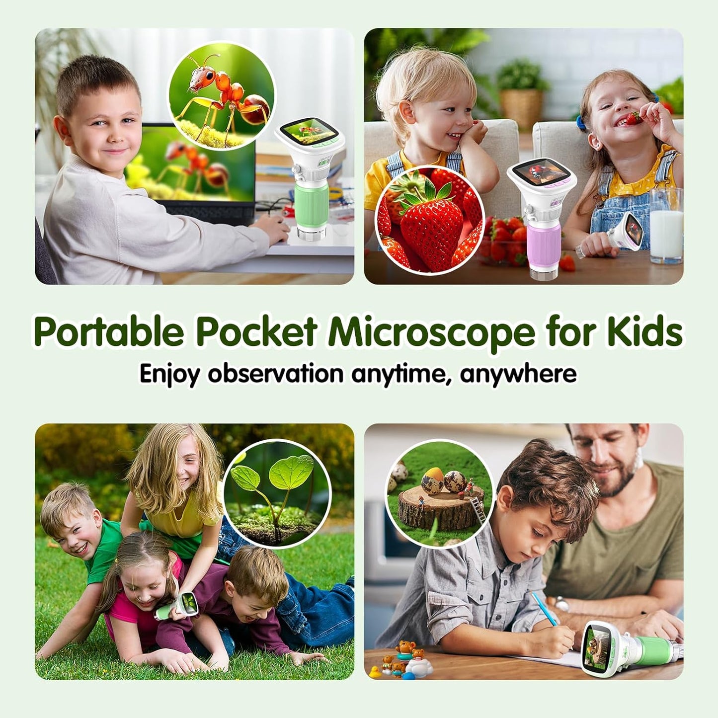 Microscope for Kids, EDCREATY 200X-1000X Portable Pocket Handheld Microscope, 2.4 High-Definition Screen, 200W Pixels for Birthday Christmas Holiday Toys Gifts for 5 6 7 8 9 10 11 12 Kids(White+Green)