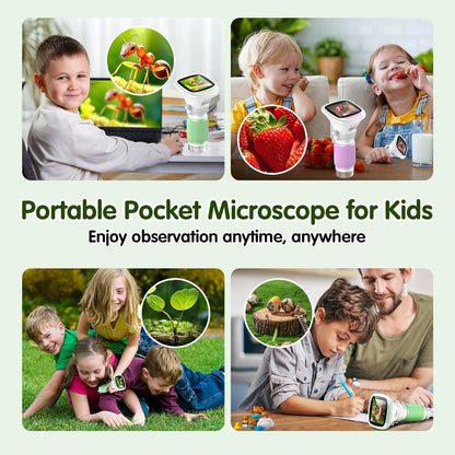 Microscope for Kids, EDCREATY 200X-1000X Portable Pocket Handheld Microscope, 2.4 High-Definition Screen, 200W Pixels for Birthday Christmas Holiday Toys Gifts for 5 6 7 8 9 10 11 12 Kids(White+Green)