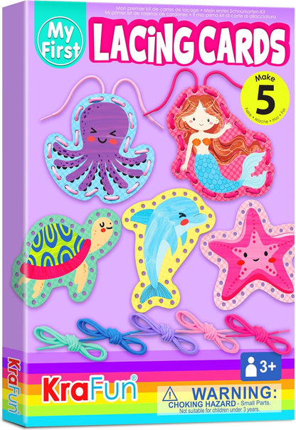 KRAFUN My First Lacing Cards Kit for Toddlers & Kids Age 3+, 10 Safari Animal Arts & Crafts Projects, Fine Motor Skills Toys with Lion Monkey Elephant Tiger Giraffe Hippo Zebra Bear