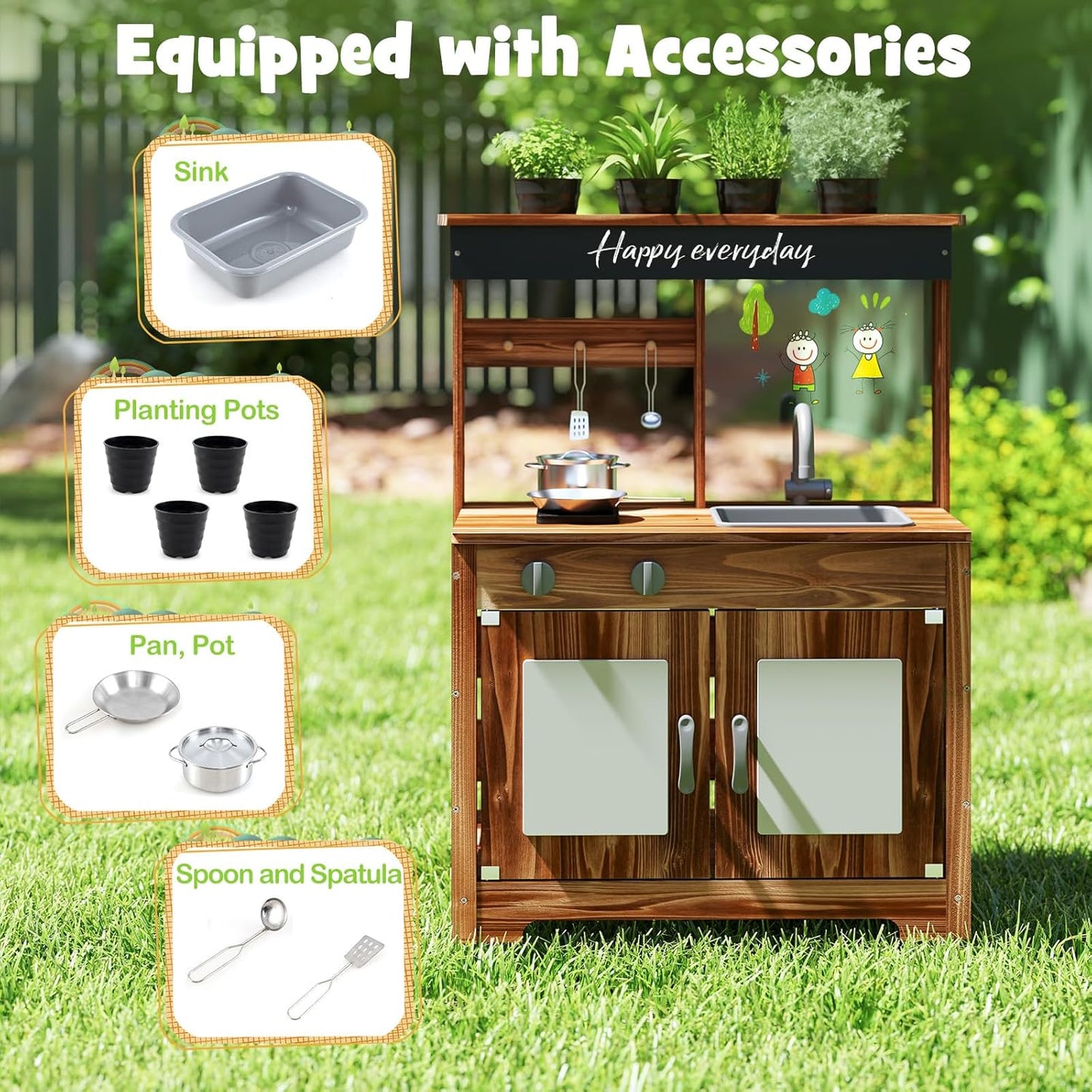KOTEK Mud Kitchen with Canopy, Outdoor Play Kitchen with Removable Sink, Chalkboard, 4 Stoves, Cooking Accessories & Storage Cabinet, Wooden Toy Kitchen Playset for Kids Age 3+