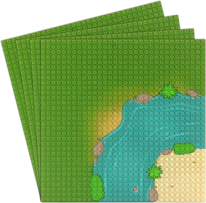 Feleph Classic Baseplate with River and Grassland Pattern, 10 x 10 Inches Base Plates for Building Blocks Mat Compatible with Major Brands (Straight 4 Pieces)