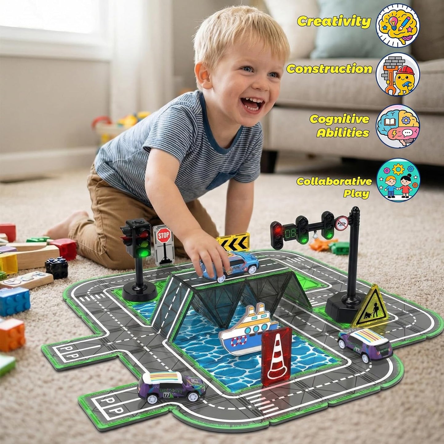 Magnetic Tiles,121PCS Magnet Tiles Road Set with Pullback Cars for 3+ year old Boys,Magnetic Toys for Kids Ages 4-8 with Ship,Airplane,Traffic Sign,STEM Classroom Educational Birthday Gifts Toys