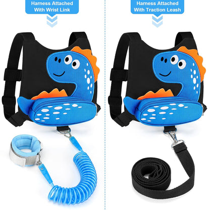 3 in 1 Toddler Harness Leash + Baby Anti Lost Wrist Link, Accmor Cute Dinosaur Child Safety Harness Tether, Kids Walking Wristband Assistant Strap Belt for Parent Boys Outdoor Activity (Black)