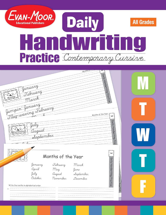 Evan-Moor Daily Handwriting Practice Contemporary Cursive, Kindergarten-Grade 6, Homeschooling and Classroom Resource Workbook, Penmanship, Writing, Letter Placement, Spacing, Alphabet Synonyms