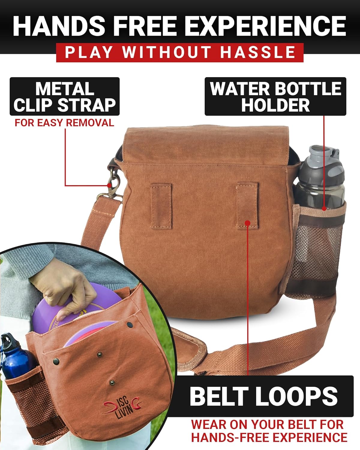 Disc Golf Bag | Frisbee Golf Bag | Easy to Carry | Lightweight Fits Up to 10 Discs | 16 oz Waxed Canvas Sturdy Design | Belt Loop | Double Button Design | Bottle Holder
