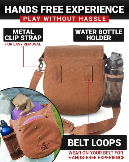Disc Golf Bag | Frisbee Golf Bag | Easy to Carry | Lightweight Fits Up to 10 Discs | 16 oz Waxed Canvas Sturdy Design | Belt Loop | Double Button Design | Bottle Holder