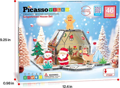 PicassoTiles Magnetic Tile Christmas Holidays Cottage Building Set with Santa Elves Nutcracker 6 Character Figures STEM Educational Construction Toy Winter Magnet Block Gift for Kids Age 3 Plus PTQ08