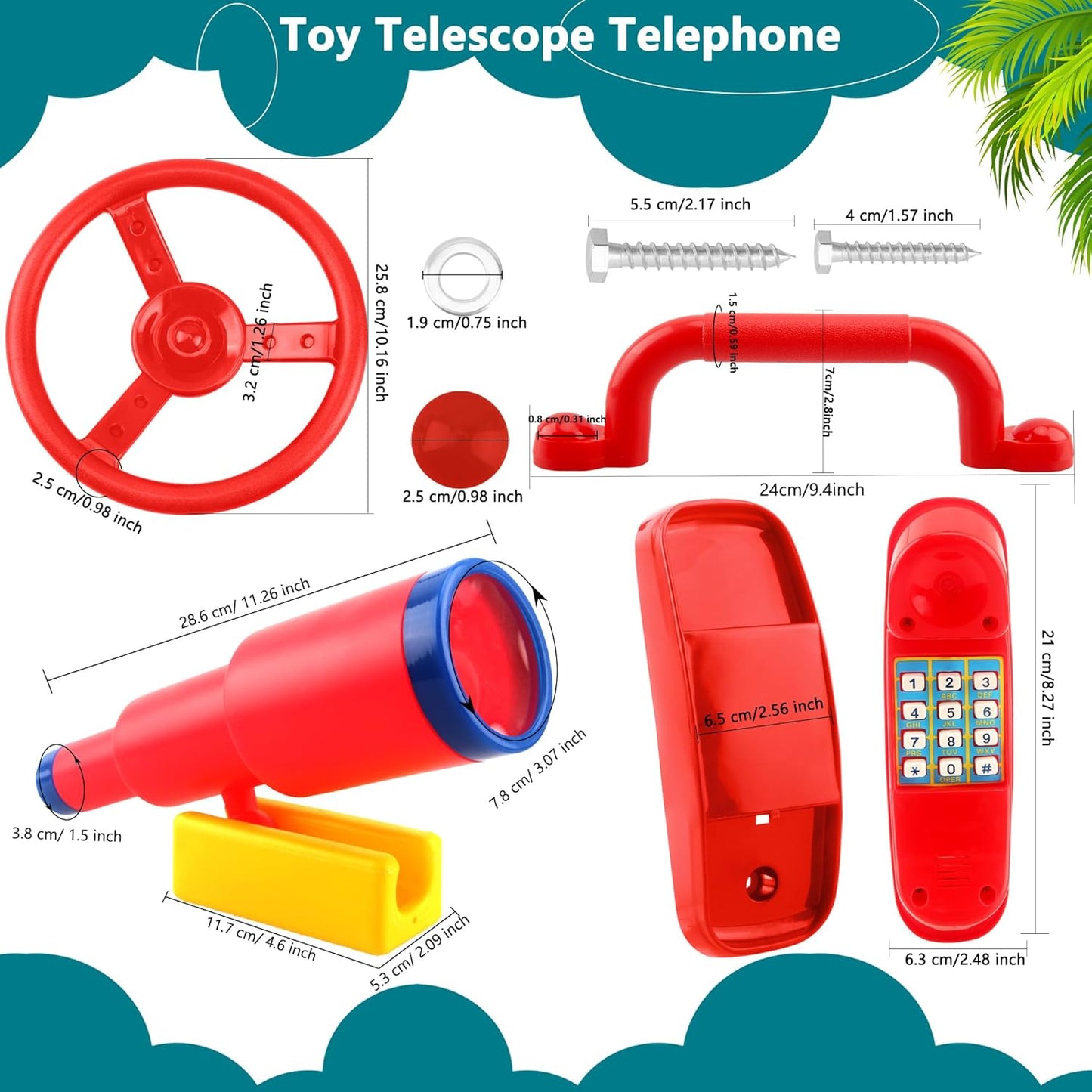 5 Pack Kids Playground Accessories Set Swingset Steering Wheel Plastic Telescope Safety Handles Telephone Toy for Outdoor Playhouse Playset (Color Set 4)