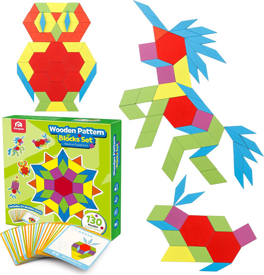 Coogam Wooden Pattern Blocks Set 130PCS Geometric Color Shape Manipulative Puzzle – Graphical Montessori Tangram Early Learning Educational Toys Brain Teasers STEM Gift for Kids with 24 Design Cards