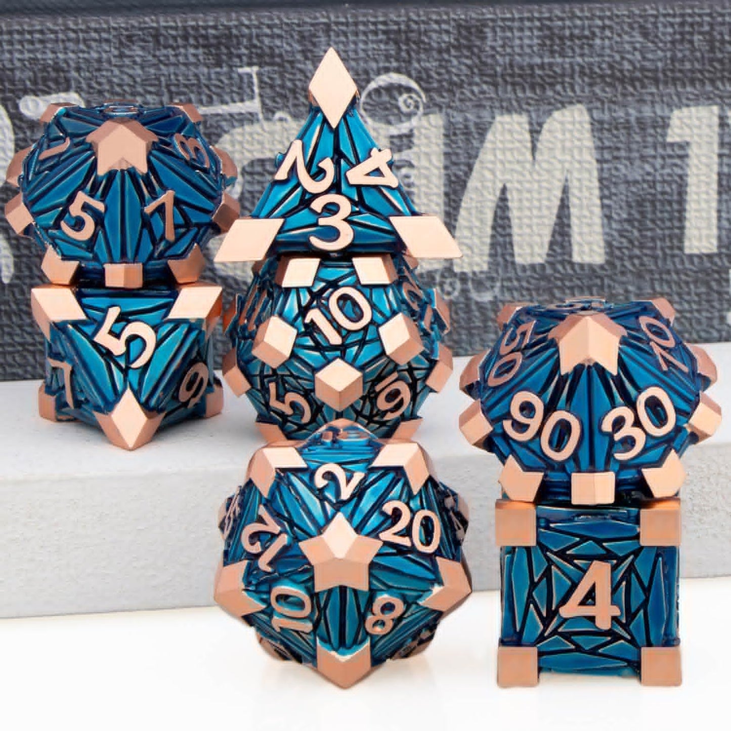 7PCS Metal DND Dice Set with Box, Debris RPG Blue White D and D Dice for D&D Tabletop Games Role Playing Game Polyhedral Dice Set D20 D12 D10 D8 D6 D4