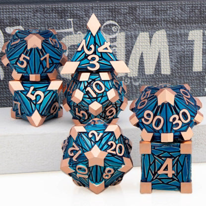 7PCS Metal DND Dice Set with Box, Debris RPG Blue White D and D Dice for D&D Tabletop Games Role Playing Game Polyhedral Dice Set D20 D12 D10 D8 D6 D4