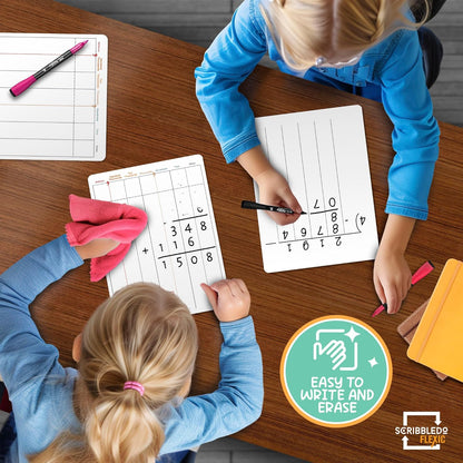SCRIBBLEDO Division & Place Value Math Practice 9”x12” Small White Board Dry Erase Sheets Math Manipulatives 3rd Grade Long Division Math Supplies Teacher Students Classroom Pack of 10 Sheets