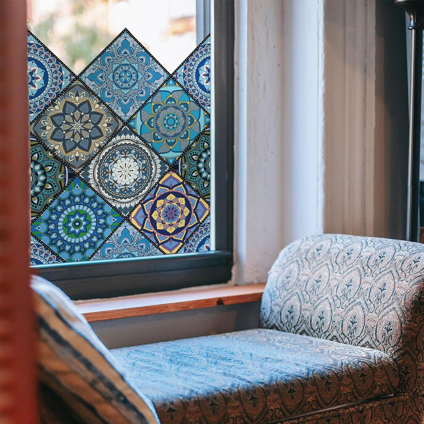 DKTIE Wooden Blinds Pattern Decorative Window Privacy Film, Sun Blocking Heat Control, Static Cling No Glue, with Installation Tools, Stained Glass Window Film (S531, 17.7" x 78.7")