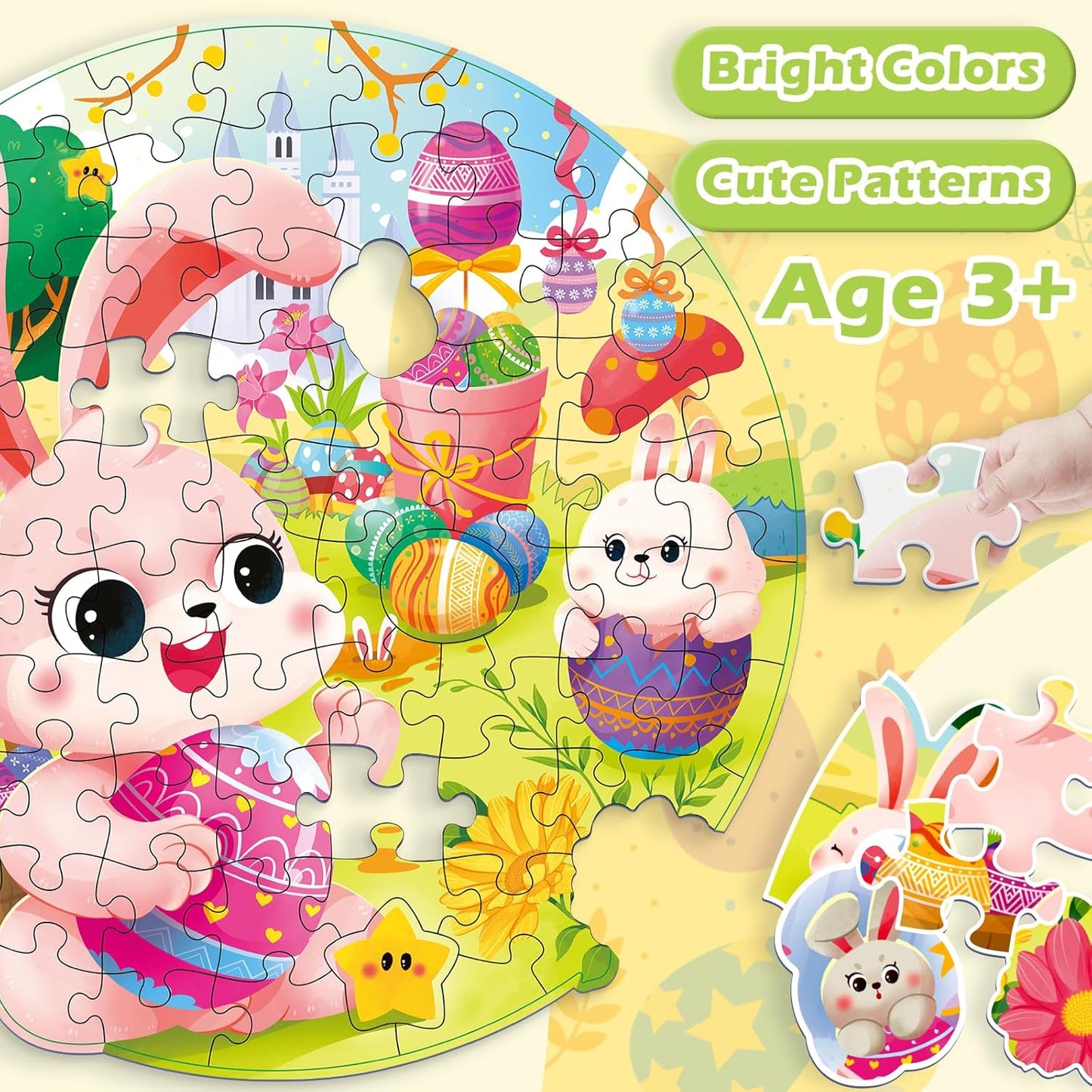 Easter Puzzles for Kids Ages 4-8, Easter Basket Stuffers 79 Pieces Kids Floor Puzzles Ages 4-6, Large Round Jigsaw Puzzles for Toddler, Bunny Puzzle Educational Toys Gifts for Girls Boys