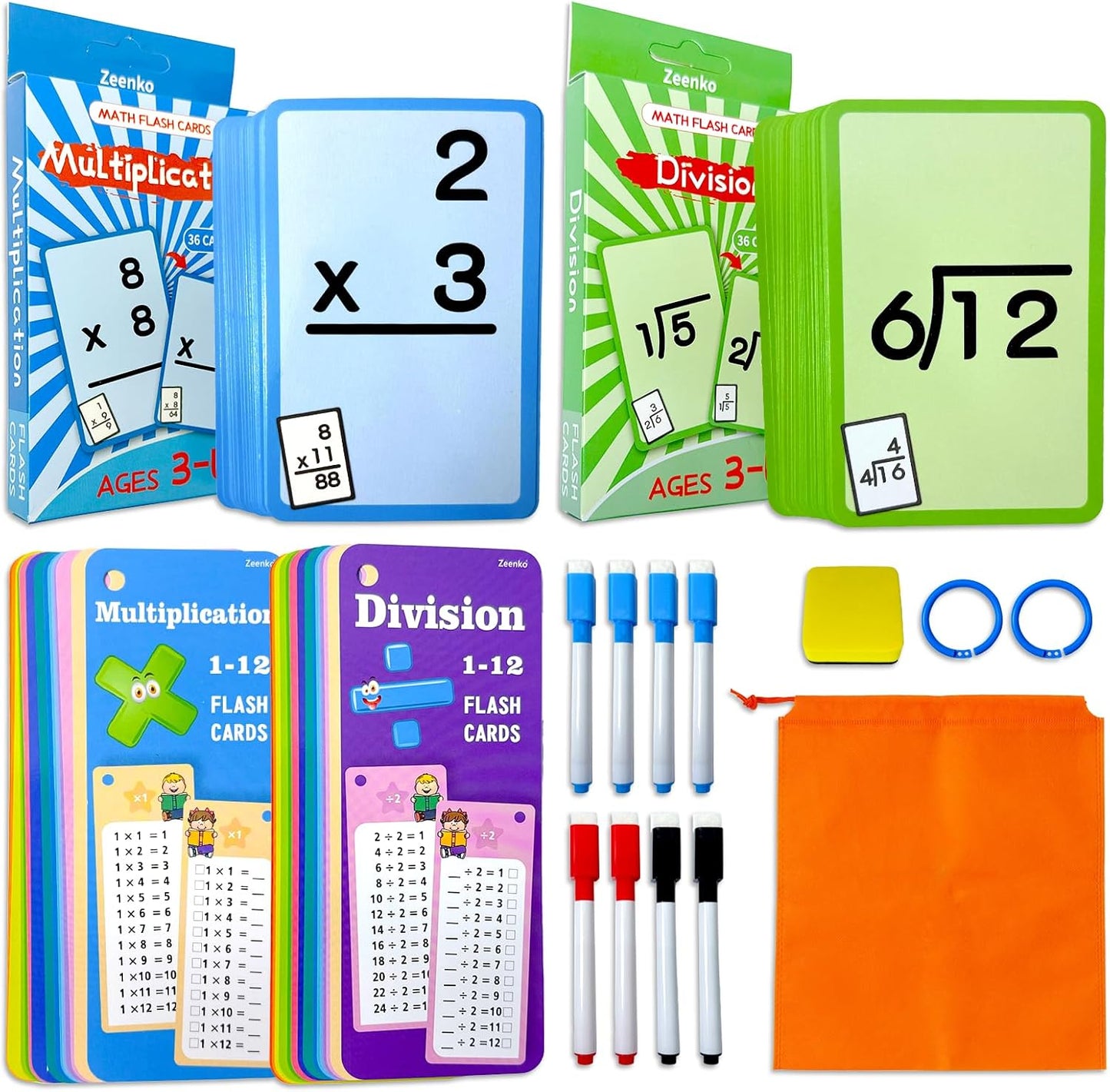 1-12 Math Flash Cards with 6 Dry Erase Pens, 15Pcs Big Multiplication Flash Cards + 36 Pcs Random Double-Sided Multiplication Practice Cards, Educational Math Flashcards for Kids Ages 6+