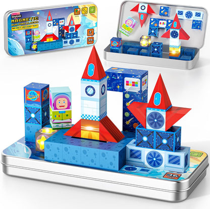 Magnetic Tiles Race Track Set, 52PCS STEM Educational Magnetic Building Blocks with 2 Race Cars, Montessori Sensory Travel Toys for Kids 3 4 5 6 7 8, Birthday for Boys & Girls
