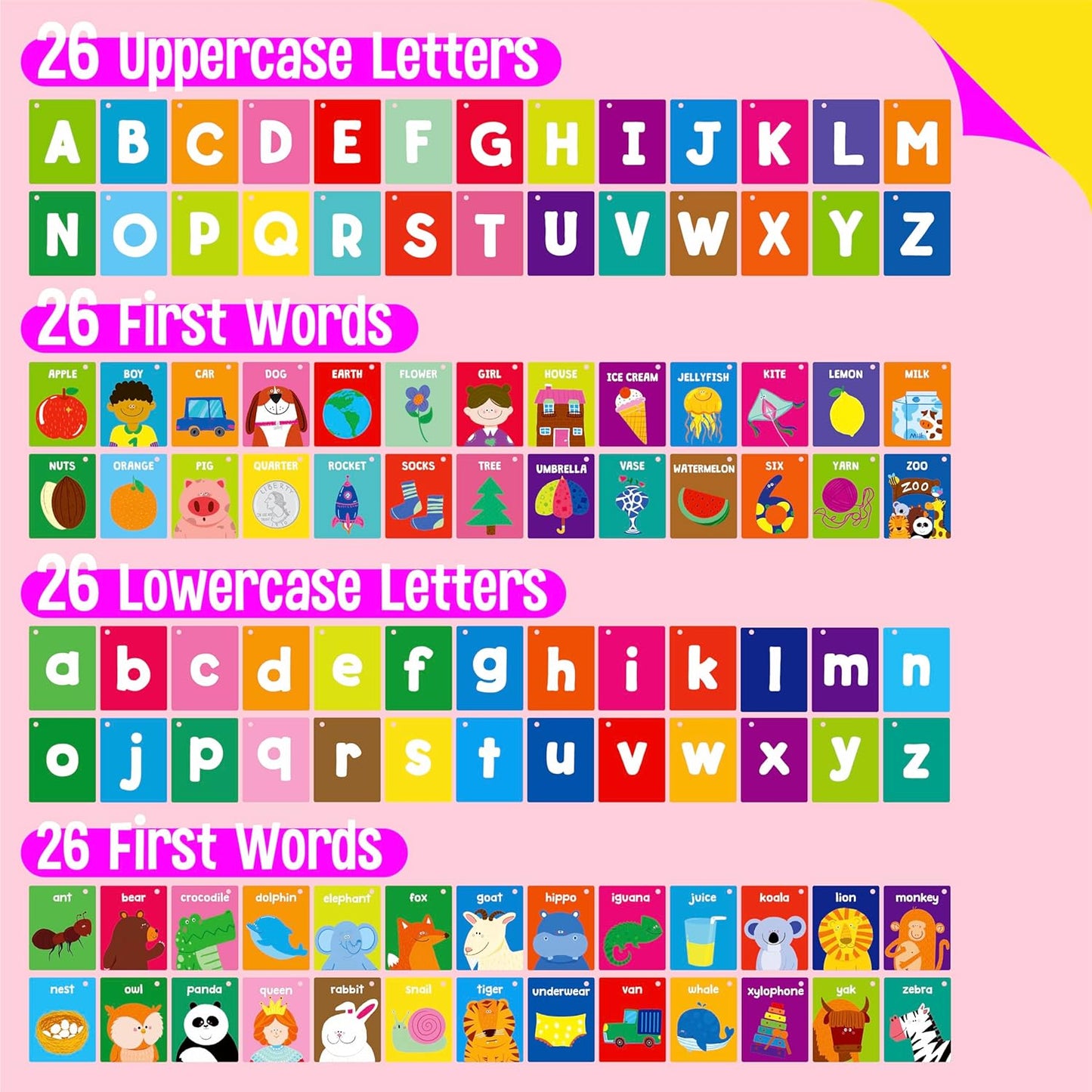50 PCS Kid First Cognitive Flashcards,Double Sided Printed 7 in 1 Colorful Cards Alphabet,Numbers, Foods,Animals,Shapes,Colors with 3 Reclosable Rings,Learning Tool for Pre-K Kindergarten Toddlers