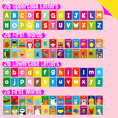 50 PCS Kid First Cognitive Flashcards,Double Sided Printed 7 in 1 Colorful Cards Alphabet,Numbers, Foods,Animals,Shapes,Colors with 3 Reclosable Rings,Learning Tool for Pre-K Kindergarten Toddlers