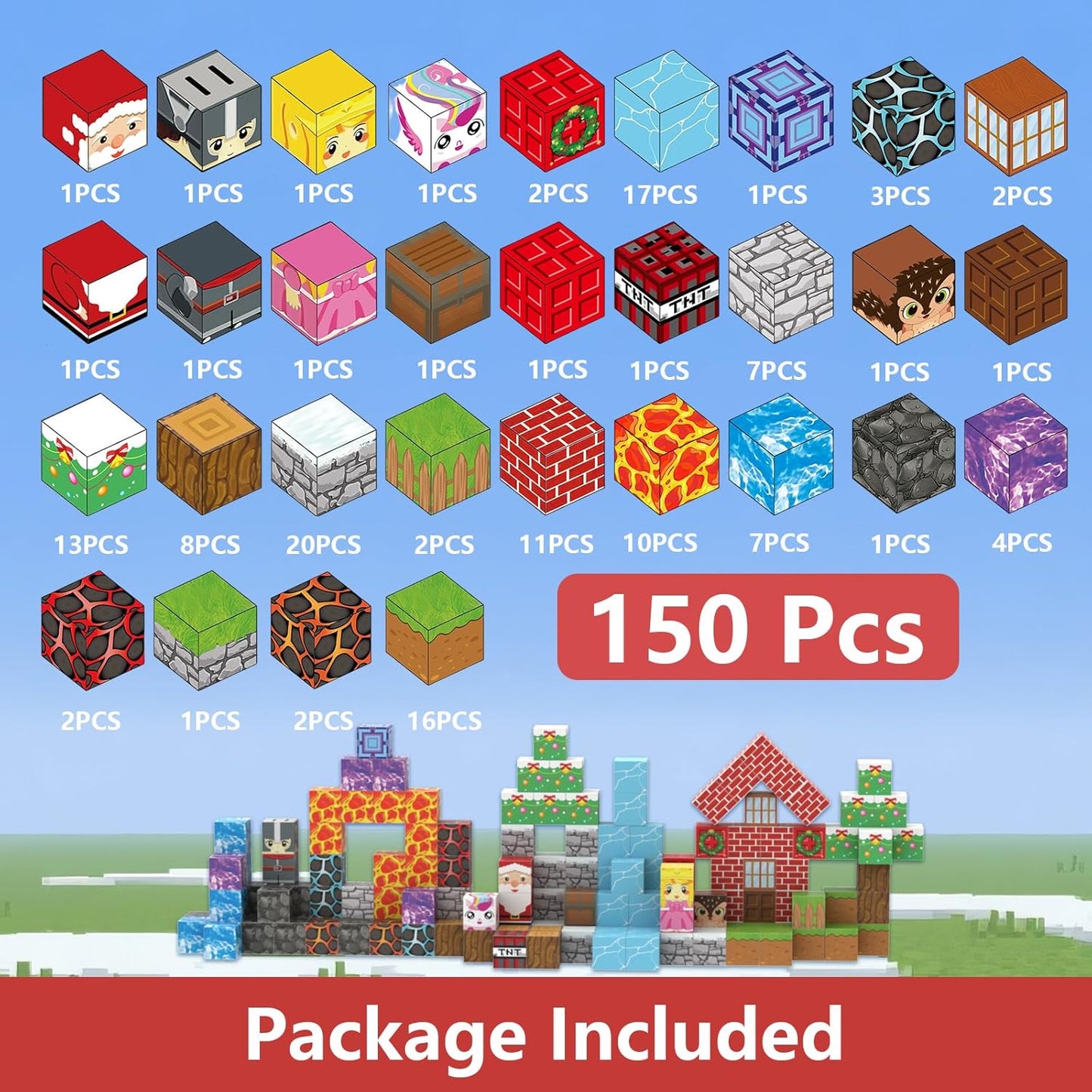 150PCS Magnetic Building Blocks with 31 Nature Designs - Water, Grass, Lava, Rock, STEM Toy for Kids Ages 3-12