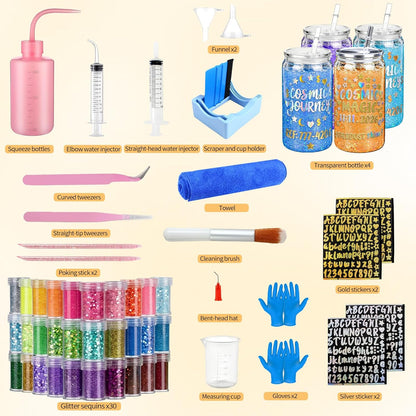 Bumaeu 61Pcs Snow Globe Tumbler Starter Kit Includes 16oz Double-Wall Acrylic Snowglobe Cups Suitable for Beginners DIY Kit Includes Glitters Stickers and Accessories