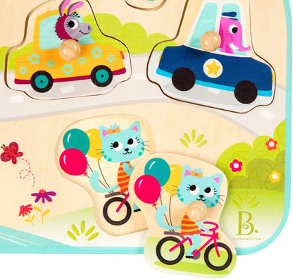 B. toys – 4 Wooden Peg Puzzles – Dinosaurs, Sea Animals, Vehicles, Farm – Puzzles for Toddlers, Kids – 18+ Months