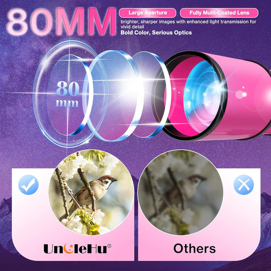 Telescope for Adults High Powered, 80mm Aperture 600mm Telescopes for Astronomy Adults&Kids&Beginners, Portable Travel Refractor Telescope with Tripod&Phone Adapter&Bag for Ground&Moon Viewing, Pink