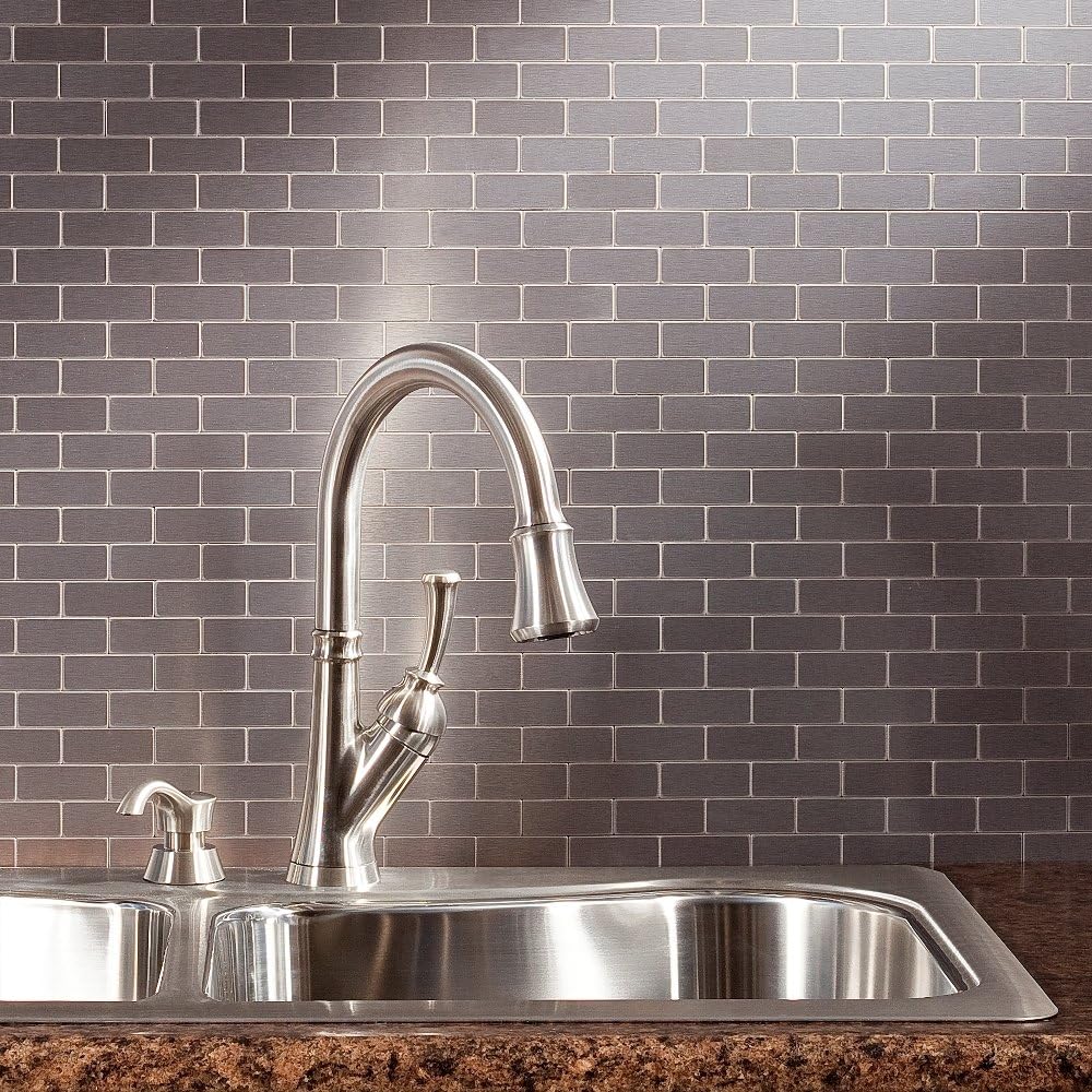Aspect Peel and Stick Backsplash 12.5in x 4in Subway Stainless Matted Metal Tile for Kitchen and Bathrooms (3-Pack)