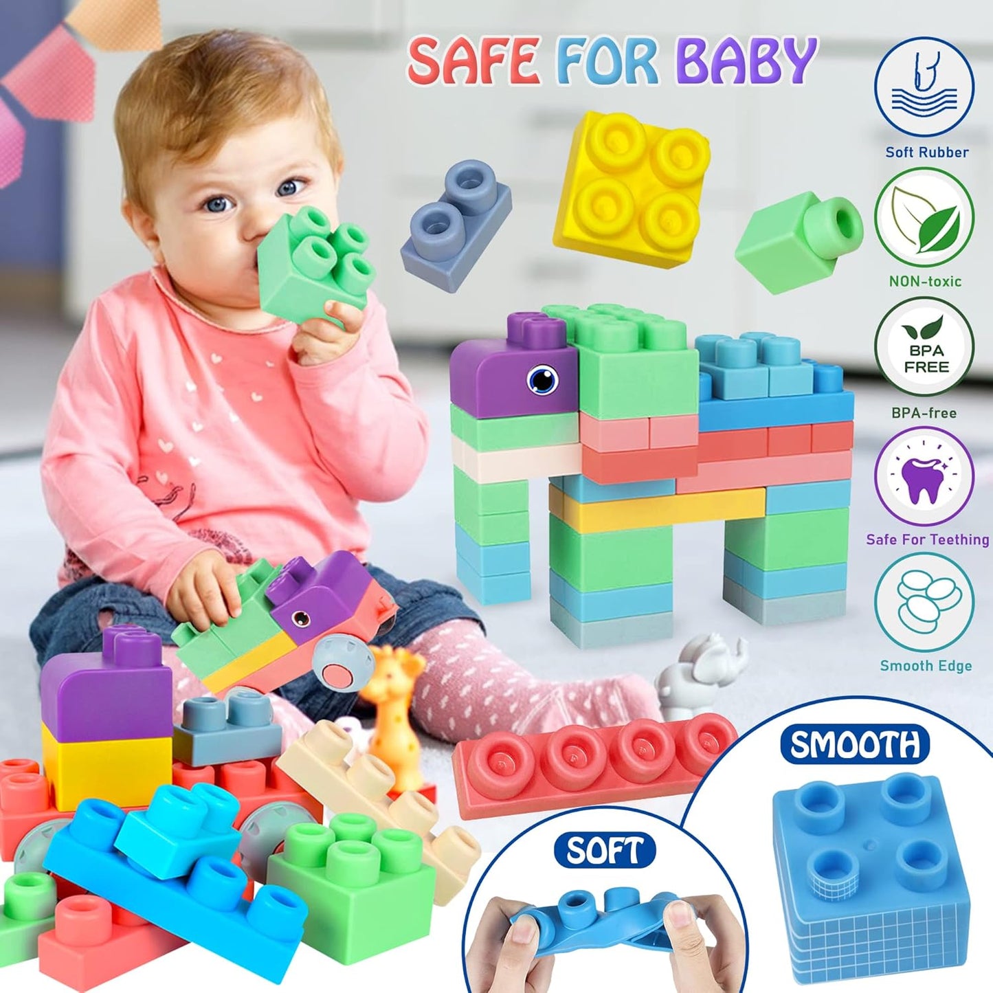 Soft Building Blocks for Toddlers, Large Building Blocks Stacking Blocks for Babies 6 Months and Up Stem Toddler Gifts, Teething Toys, 40 PCS