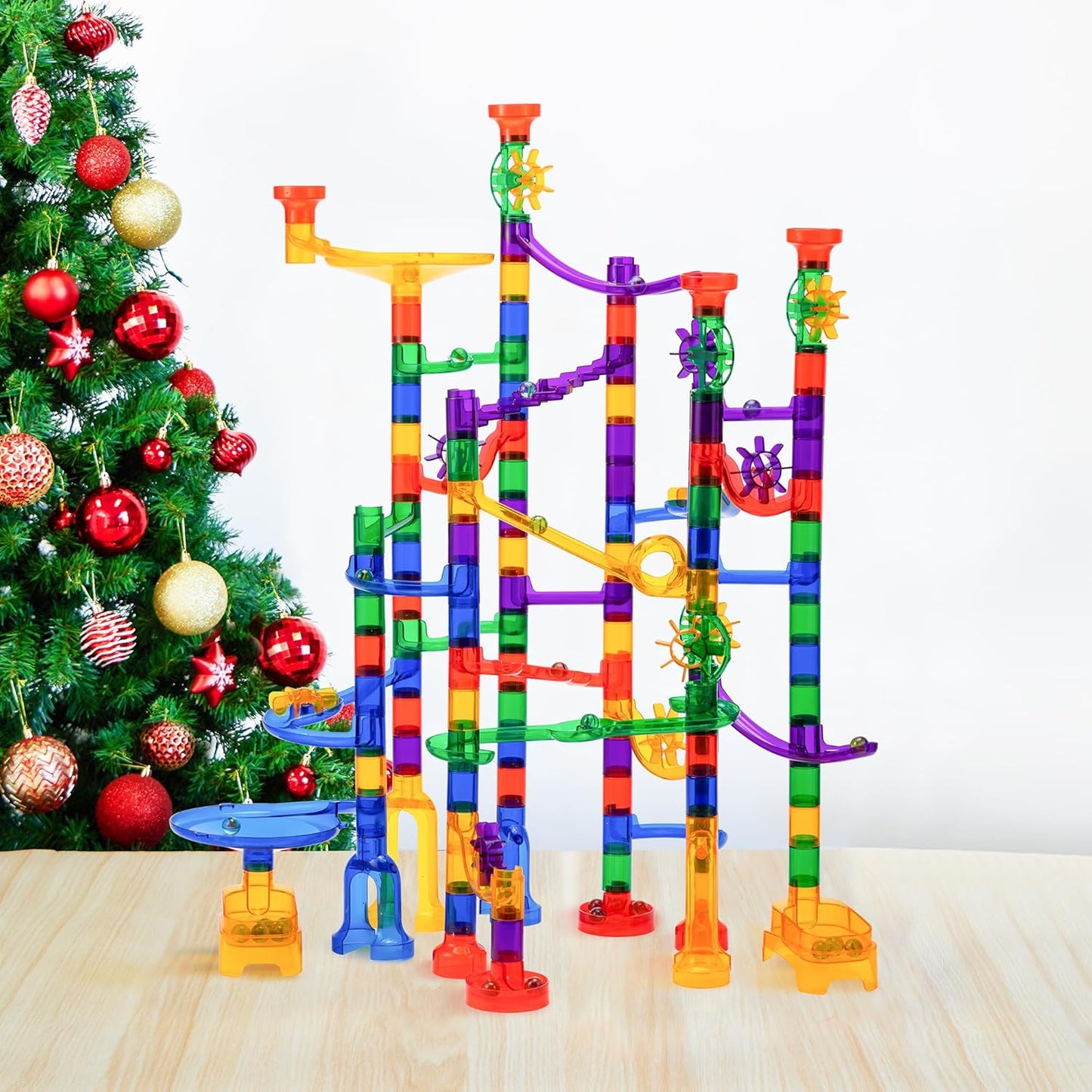 JOYIN 150Pcs Glowing Marble Run- Construction Building Blocks Toys with 5 Glow in The Dark Glass Marbles, STEM Educational Building Block Toy, Birthday Gifts, Easter Basket Stuffers