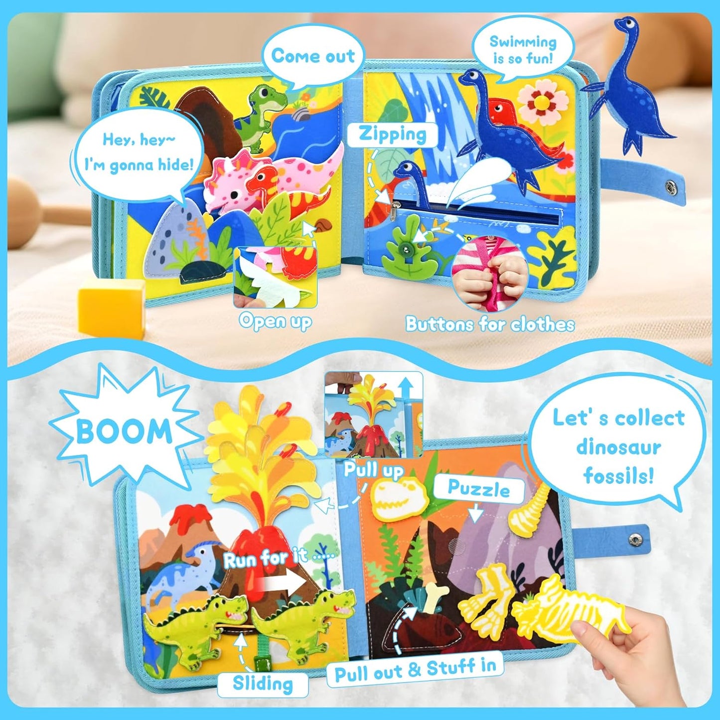 Meafeng Dinosaur Educational Book for Toddlers 1-3, Montessori Quiet Toy & Busy Board for Kids, Travel Toys with Life Skills & Educational Games for Boys and Girls