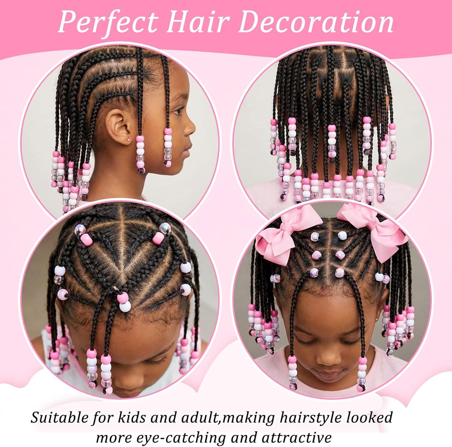 Hair Beads for Girls Hair 60pcs Acrylic Pony Hair Bead Bulk for Braids Dreadlock Beads for Kids Hair Bracelets Crafts(Pink)