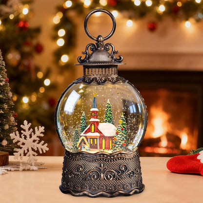 Christmas Snow Globes Lantern, Church and Christmas Tree Christmas Decorations Indoor, 6H Timer Battery & USB Powered Light Up Musical Snow Globes for Kids Women Adults Gift Thanksgiving Home Decor