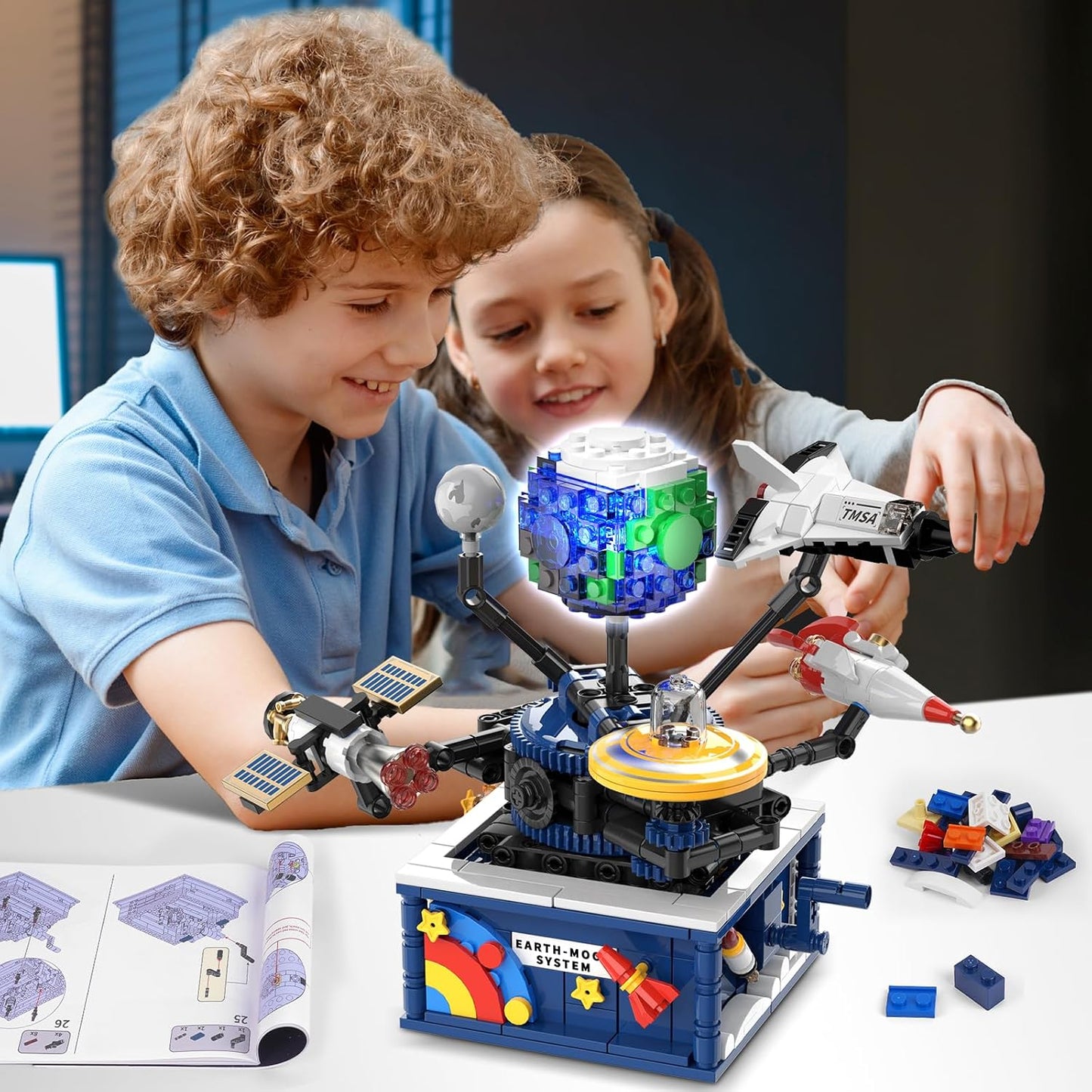 CUBIMANA Planet Rotatable Space Sets with Light - Earth & Moon Space Exploration Building Toys with Shuttle Spaceship Science Kits Building Blocks Gifts for Kids Age 8+ Years Old Boys Girls(554 PCS)