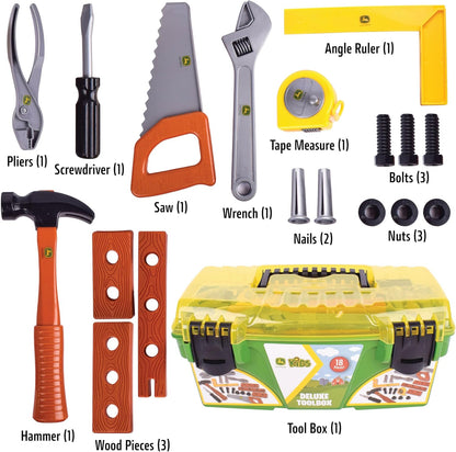 John Deere 18 Piece Deluxe Tool Box, Construction Playset with Tape Measure and Tools, Interactive Building Toys, Preschool Toys for Boys and Girls