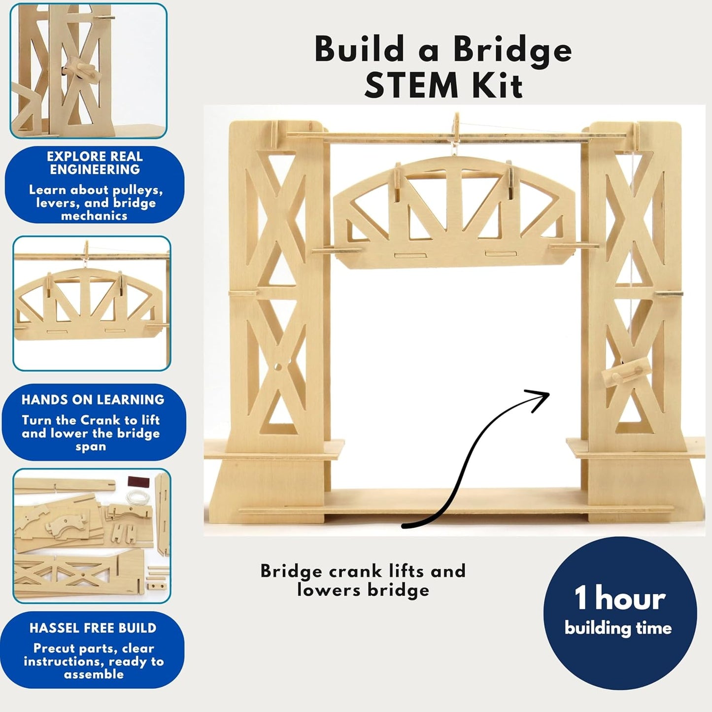 PATHFINDERS STEM Kit – Strauss Lift Bridge Model – DIY Wooden Engineering Build Kit for Kids Teens & Adults – Working Drawbridge Mechanism – Educational Gift