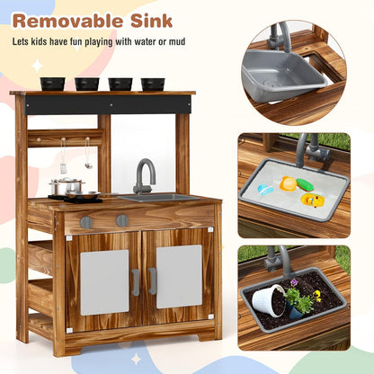 KOTEK Mud Kitchen with Canopy, Outdoor Play Kitchen with Removable Sink, Chalkboard, 4 Stoves, Cooking Accessories & Storage Cabinet, Wooden Toy Kitchen Playset for Kids Age 3+