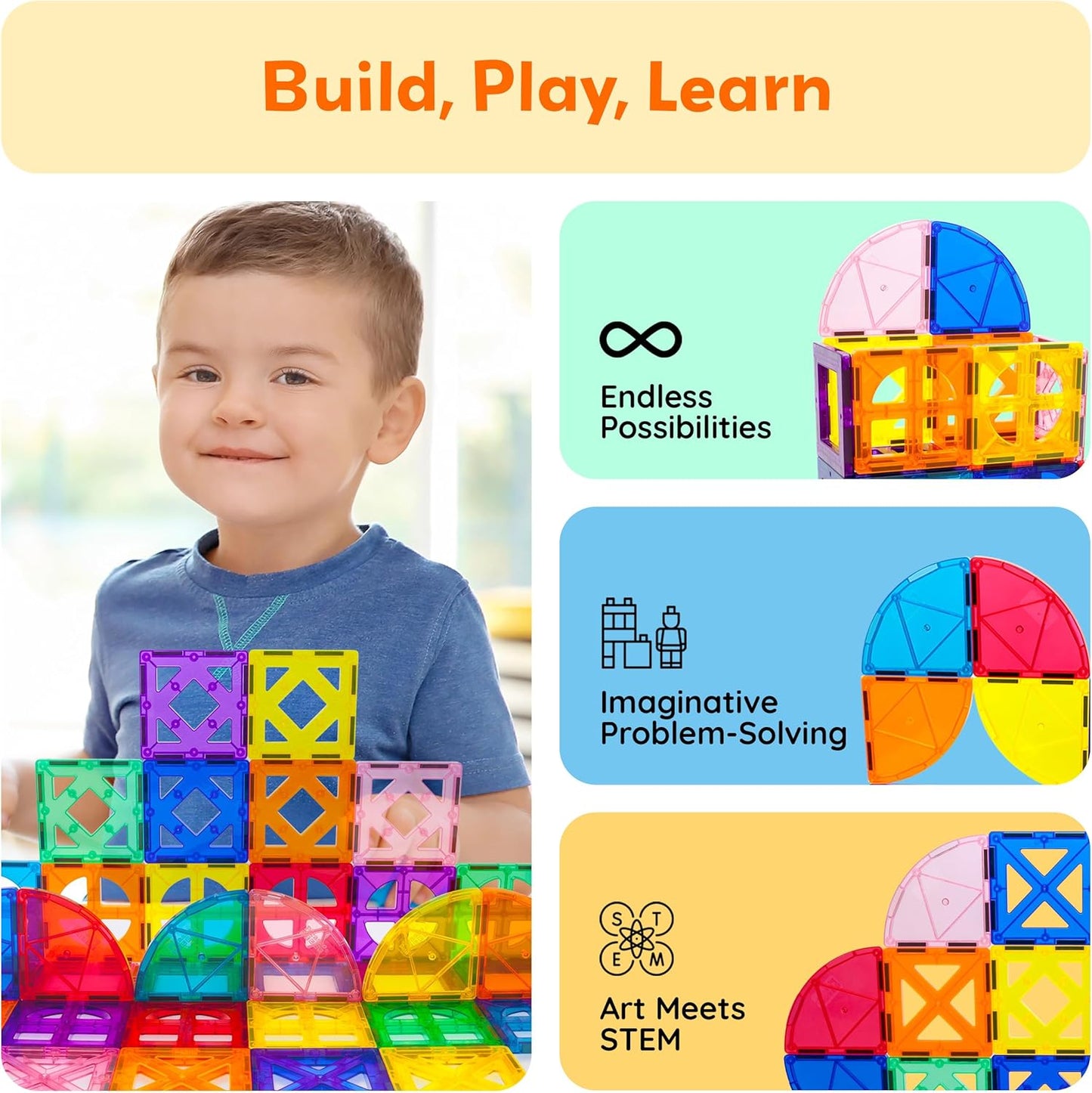 PicassoTiles 42pcs Magnetic Tiles Magnet Blocks See-Through Shape STEM Toys Building Block Educational Playset Compatible with Major Brand Tile -Starter Set for Boys and Girls Toddlers Ages 3+ PT42