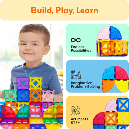 PicassoTiles 42pcs Magnetic Tiles Magnet Blocks See-Through Shape STEM Toys Building Block Educational Playset Compatible with Major Brand Tile -Starter Set for Boys and Girls Toddlers Ages 3+ PT42