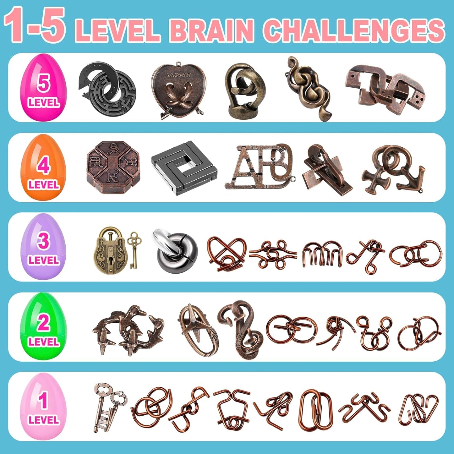 32 Pack Brain Teaser Puzzles & Colorful Easter Eggs - Challenging Metal Wire Puzzles for Kids & Adults - DIY Easter Basket Stuffers, Family Logic Games, Party Favors