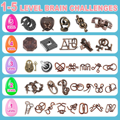 32 Pack Brain Teaser Puzzles & Colorful Easter Eggs - Challenging Metal Wire Puzzles for Kids & Adults - DIY Easter Basket Stuffers, Family Logic Games, Party Favors