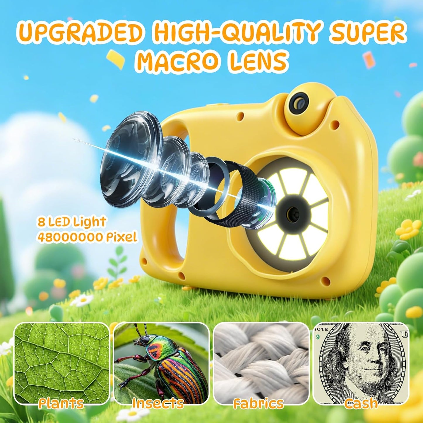 2 in 1 Kids Microscope & Camera, 1080p Hd Autofocus Digital Microscope, 48mp 1000x Magnification Handheld, Stem Educational Toy with 32gb Sd Card, Birthday for 3-12 Boys Girls (Yellow)