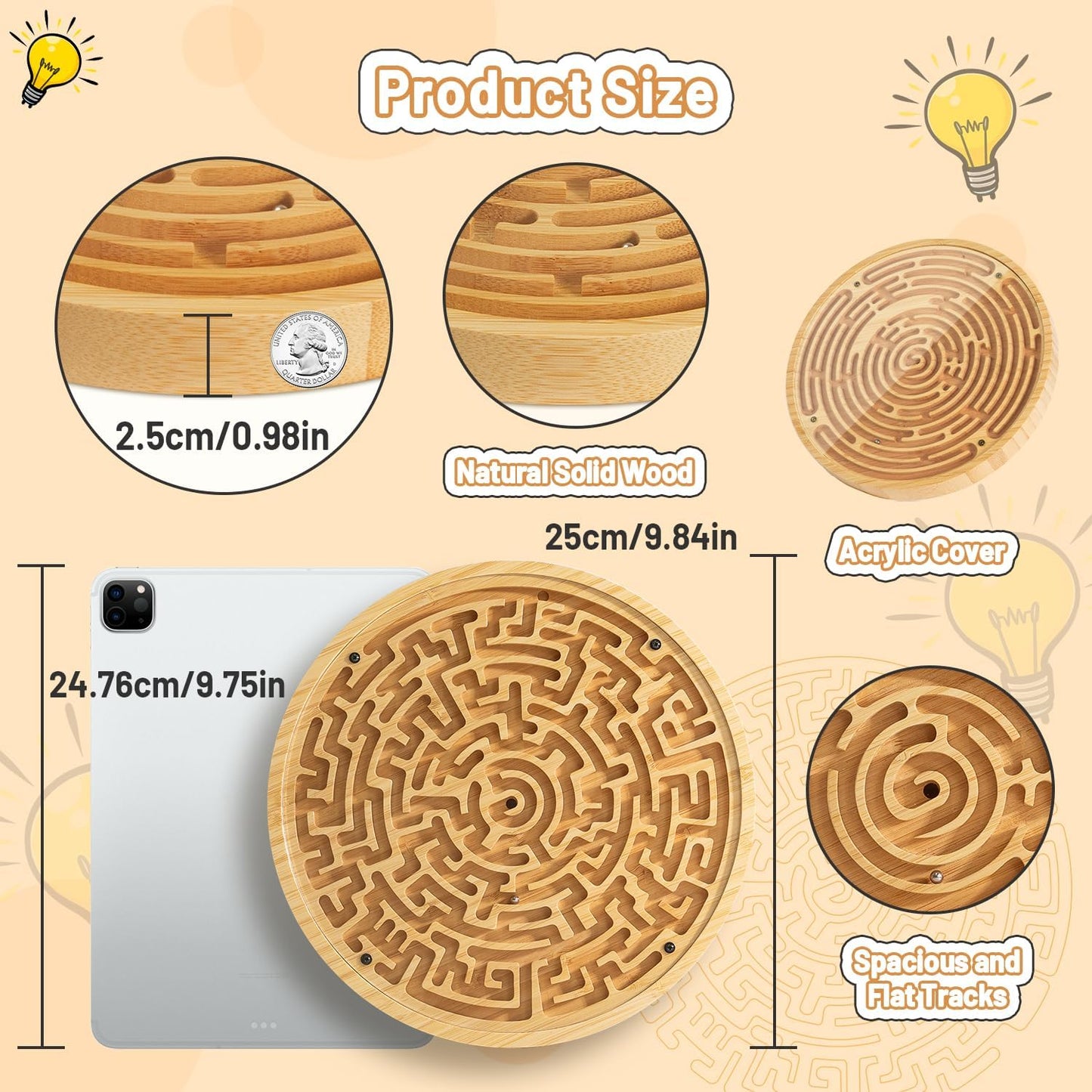 Round Wooden Labyrinth Board Game - Marble Maze for Education and Fun, Toddler Activity Board, Brain Teaser Puzzle Logic Game with Two Metal Balls for Kids, Adults, Teens, Boys, and Girls