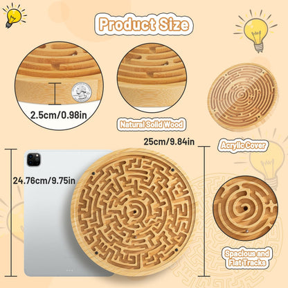 Round Wooden Labyrinth Board Game - Marble Maze for Education and Fun, Toddler Activity Board, Brain Teaser Puzzle Logic Game with Two Metal Balls for Kids, Adults, Teens, Boys, and Girls