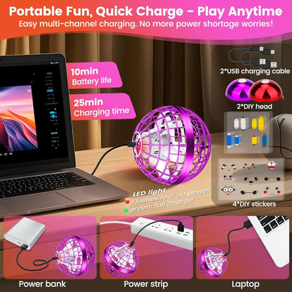 Flying Orb Ball Toy, 2026 Upgrade Hand Controlled Hover Ball with LED Lights,360° Rotating Boomerang Globe Cool Mini Drone, Ideal Birthday&Christmas Gift for Boys Girls-Blue & Purple